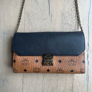 MCM Tracy cross body handbag in cognac and black monogram